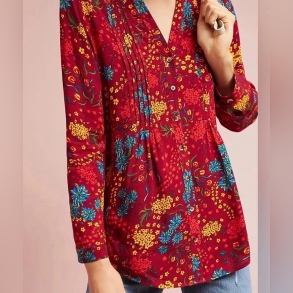 Anthropologie Maeve Red Floral Button Down Blouse Size Large - Picture 7 of 7